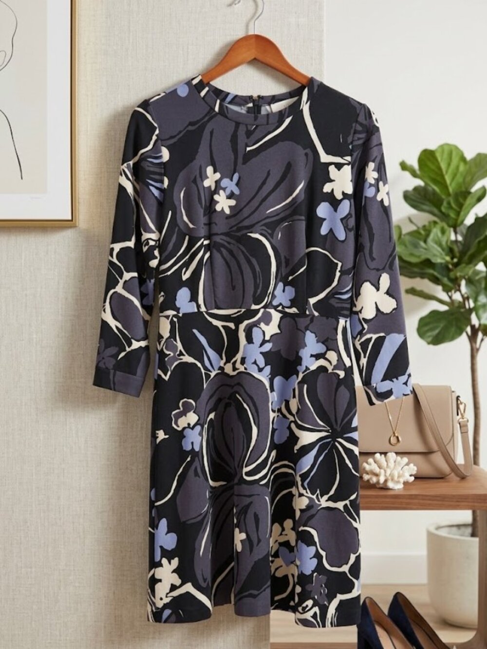 Ann Taylor LOFT Purple black white Abstract 3/4 sleeve Shift Dress, sz 10